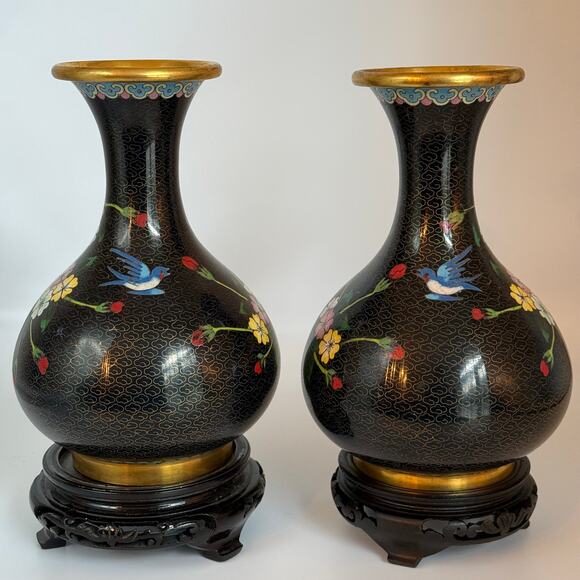 Vintage Cloisonné Vase Pair with Stands Flowers Birds - Picture 3 of 11